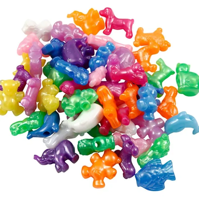 Plastperler - Figurmiks dyr, 55 gr. (ca. 32 stk)