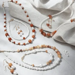 Smykker startsett - Agater, beige/brun/hvit